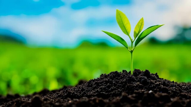 A small green plant is growing in the dirt. The plant is surrounded by grass and dirt, and it is the only thing visible in the image