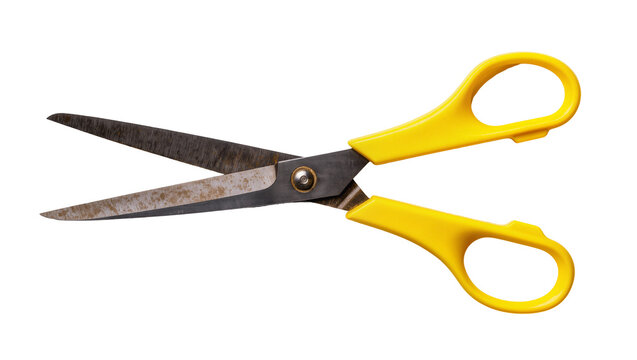Isolated vibrant yellow handled office scissors with open rusty metal blades for cutting.