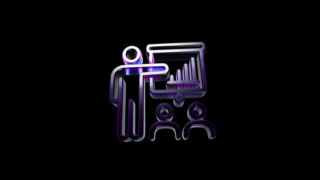 Neon glowing business presentation icon with a speaker explaining a chart to a group of people 3D Icon