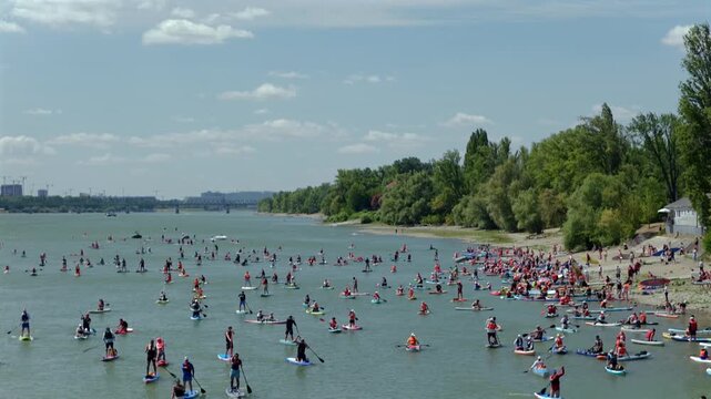 Budapest Romai Part, the scenic starting point of the Budapest SUP Festival, where hundreds of paddlers launch their Danube adventure