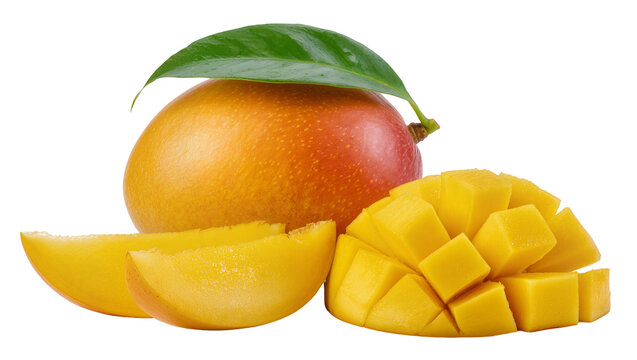 Isolated ripe mango fruit with fresh green leaf, juicy yellow slices, and sweet diced cubes
