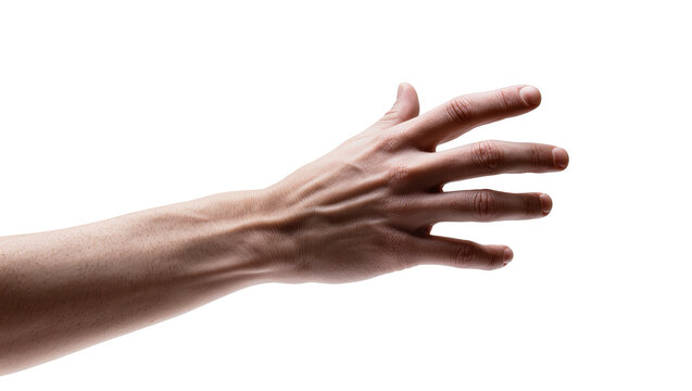 Isolated human hand reaching and grasping, palm away, showing skin texture and prominent veins.