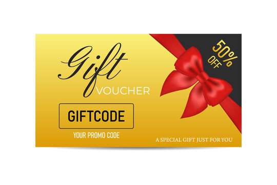 Gold gift certificate template with a realistic red bow. Create an invitation, certificate, gift coupon, ticket, or voucher.