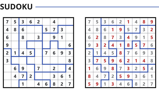 Sudoku puzzle and solved grid side by side, logic game and answer key concept