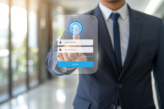 Business professionals are scanning their fingerprints on a virtual screen to log in. concept related to online security.