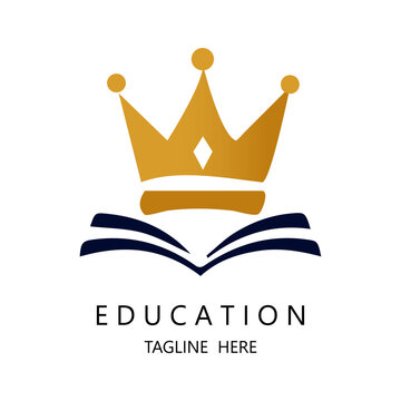 Minimalist Education Logo design  template featuring a golden royal crown over an open book vector illustration .