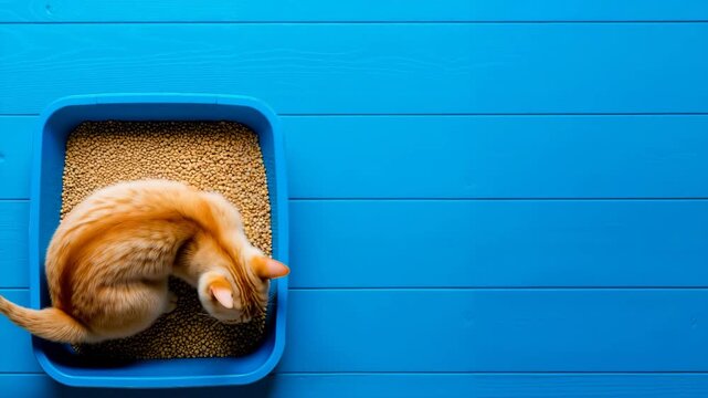 A cat is sitting on a blue litter box. The cat is orange and white