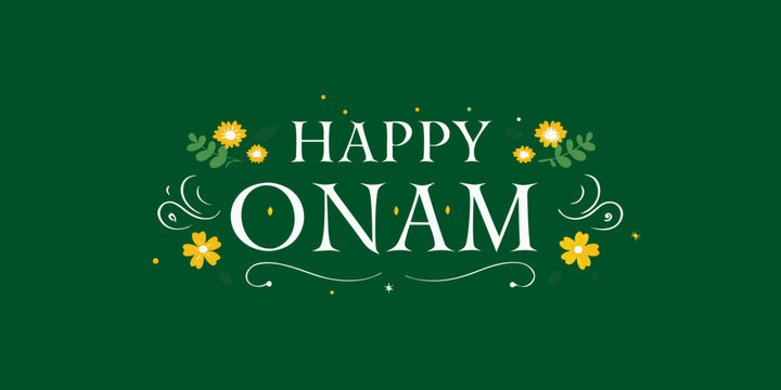Floral ornament with onam greeting on a dark green background