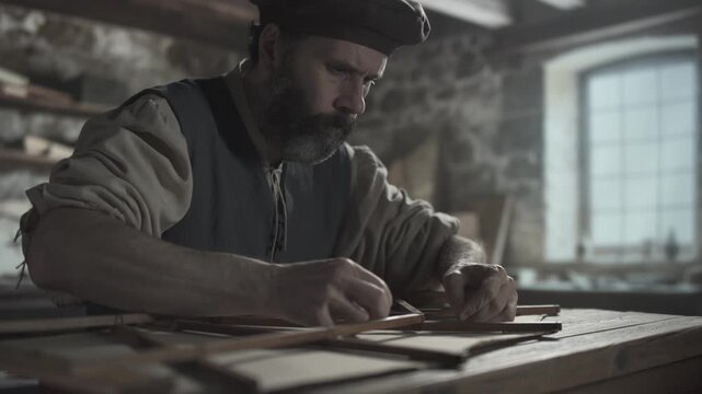 A medieval inventor tying a knot with a linen thread on an ornithopter wing frame near a window inside a workshop