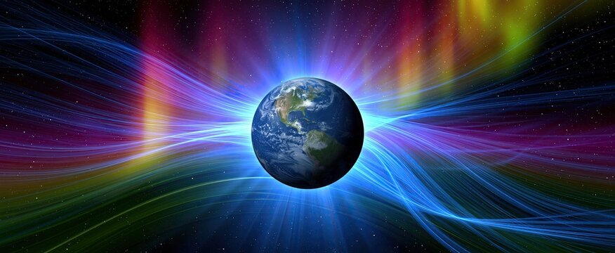 A vibrant cosmic scene with Earth's magnetic field directing charged particles amid luminous auroras and dynamic energy flows.