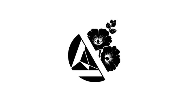 Black and white floral triangle logo design.