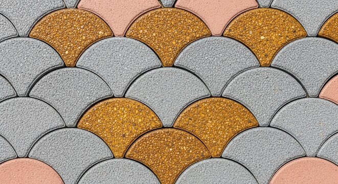 Closeup of a decorative interlocking paving stone pattern with gold and gray segments