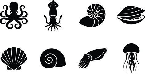 Set of black marine life silhouette icons featuring octopus, squid, jellyfish, and various seashells © MdHasmot