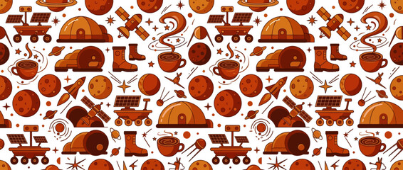 Pixel Art Space Exploration Pattern: Rovers, Rockets, Domes, Coffee, Boots © Warna