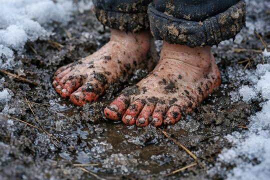 A detailed view of muddy feet, perfect for scenes depicting outdoor activities or messy situations