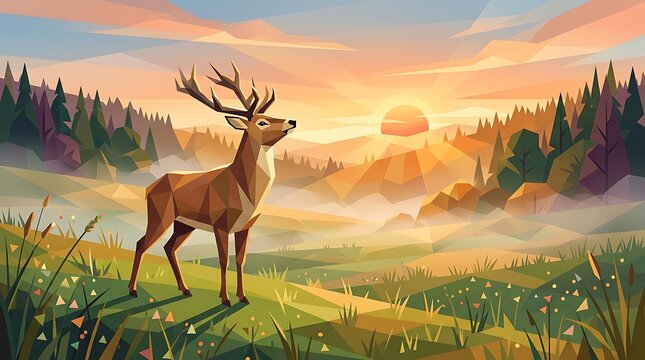 Low poly stag standing in a mountain landscape at sunrise