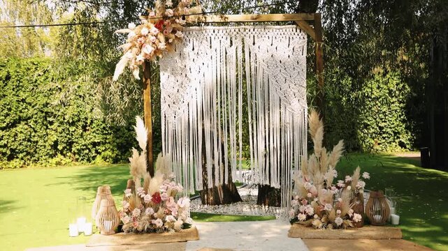 Wedding ceremony arch with macrame backdrop and floral arrangements in garden setting. 4K slow motion.