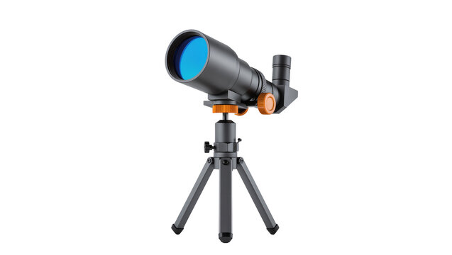 Isolated modern compact telescope on a tripod with blue lens for astronomy and nature viewing
