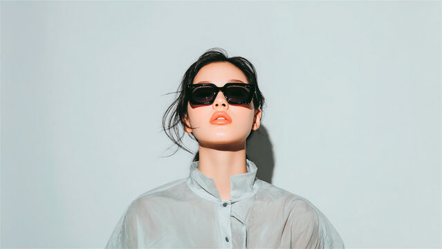 Fashion portrait elegant Asian woman wearing black rectangular sunglasses posing high fashion studio mockup light grey background copy space