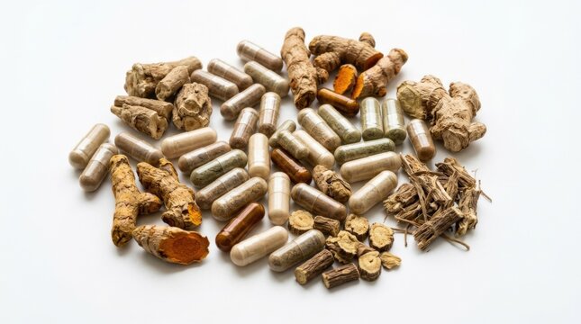 Pile of natural herbal supplements and dried roots including turmeric and ginger on a white background