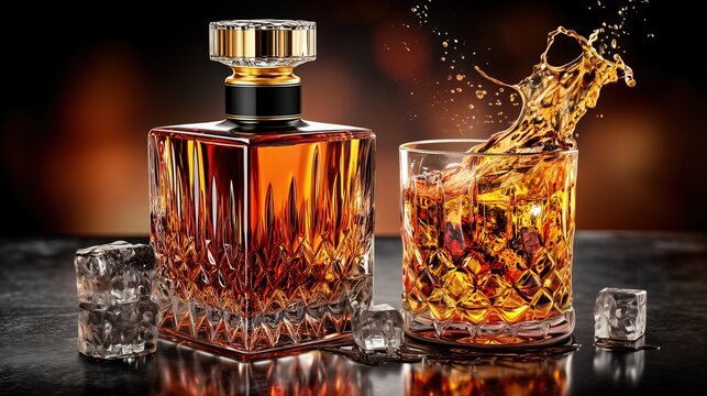 brilliant amber whisky flowing and splashes in a glass