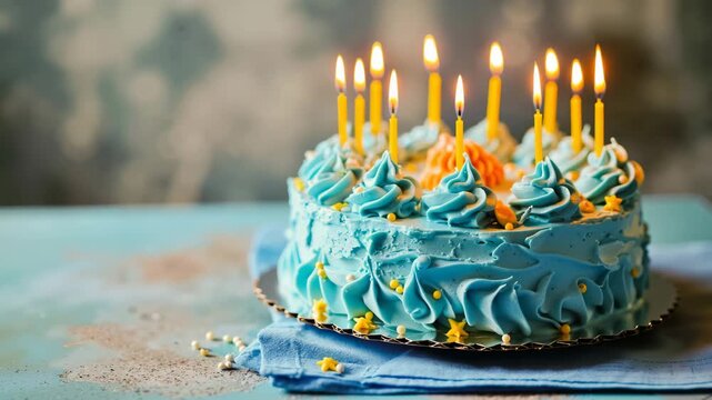 A blue birthday cake with candles on it. The candles are lit and the cake is decorated with blue frosting