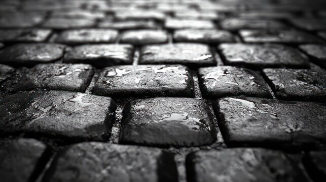 Moody close-up of wet cobblestone pavement with puddles on uneven stones, glistening reflections and deep contrast evoking solitude and quiet reflection