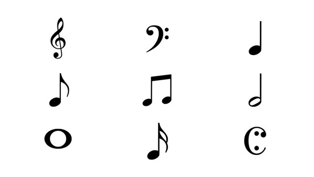 Musical Notes and Clefs Arranged in a 3x3 Grid on a White Background Featuring Treble, Bass, Symbols with Music and Notation