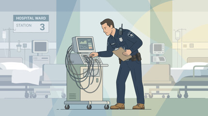 Obraz premium Police officer monitors medical equipment in hospital ward