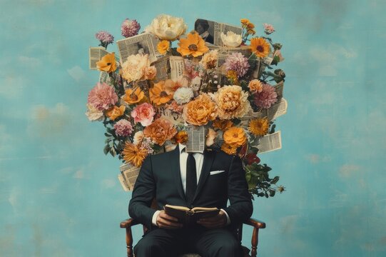Person in suit seated reading a book with head replaced by blooming flowers and scattered newspaper pages, dreamy contemplative atmosphere