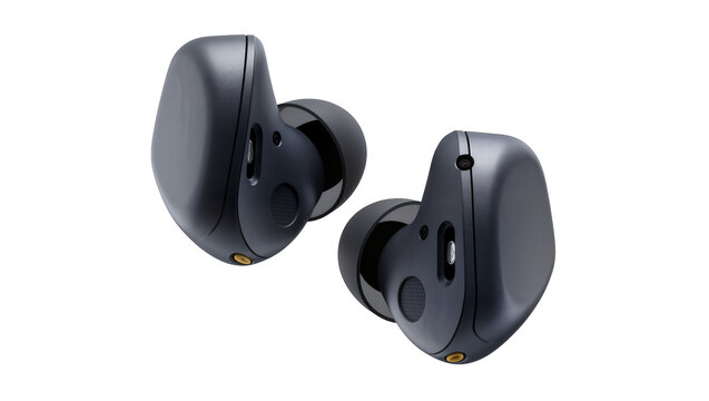 Isolated wireless earbuds, modern Bluetooth in-ear headphones for digital audio listening.