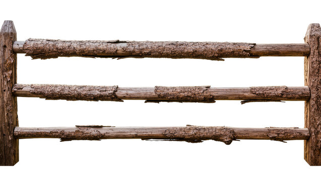 Isolated rustic wooden log fence panel with textured bark, old weathered wood structure