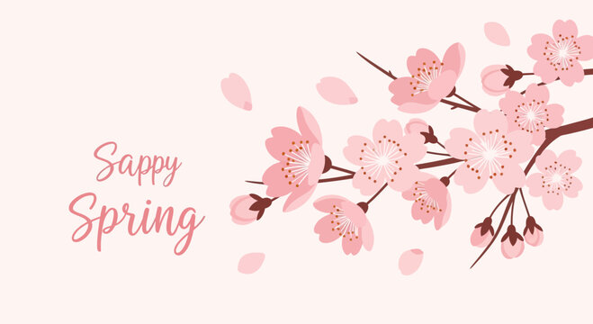 Sappy Spring Cherry Blossoms Branch with Falling Petals on Soft Pink Background