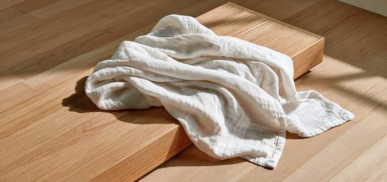 Cozy cotton baby swaddle displayed on light wood surface, highlighting soft texture and natural tones for newborn care.