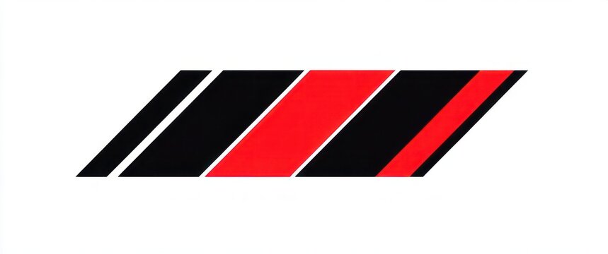 Diagonal arrangement of five slanted black and red bars on white background, bold minimalist geometric design suggesting speed and motion