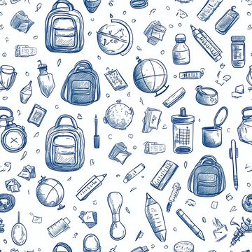 hand-drawn blue ink school supplies pattern featuring backpacks globes pencils pens notebooks rulers scissors clocks jars and playful whimsical doodles