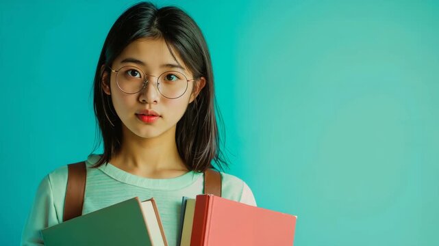 A young woman wearing glasses is holding two books in her hands. She has a serious expression on her face