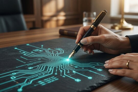 Ein edler F&uuml;llfederhalter schreibt leuchtende Datenlinien, Konzept