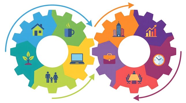 Flat digital illustration of interlocking gears turning together on white background for work life balance
