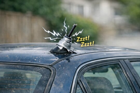 A broken umbrella lies on the roof of a car, perhaps after being blown away in strong winds
