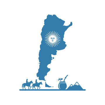 Argentina map silhouette featuring Sun of May, gaucho riders, mate gourd, and mountain icons in blue on white.