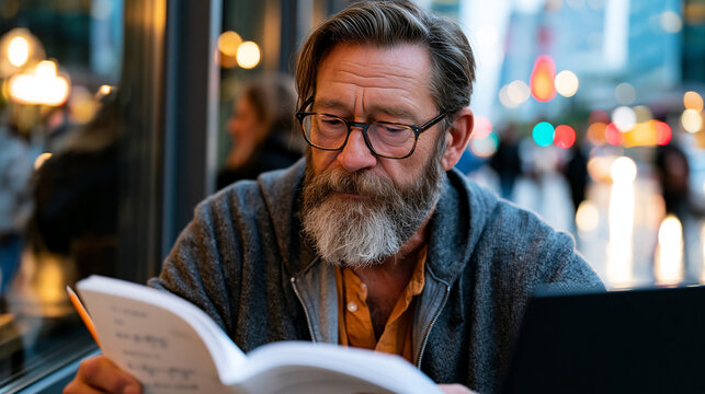 Bioethics researcher reads a dog-eared gene editing policy report at a rain-streaked caf&eacute; window in a busy urban district, pencil annotations filling the margins, laptop open to a CRISPR embryo ethi