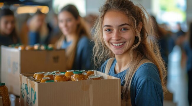 Volunteer woman carrying cardboard box of glass jars with orange contents and green lids in a busy indoor food distribution scene, focused and determined while helping others