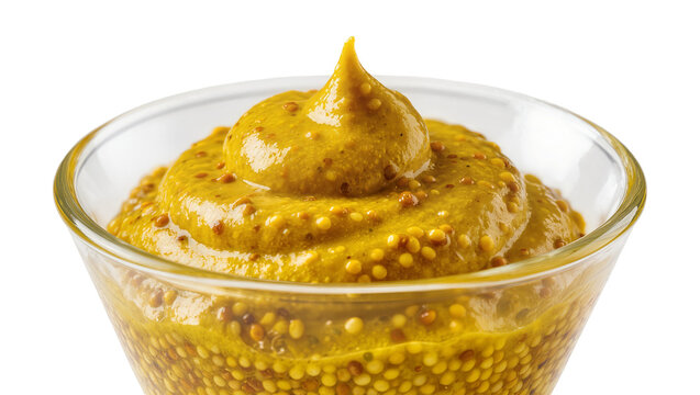Isolated whole grain mustard in a glass bowl, a classic spicy condiment for culinary dishes