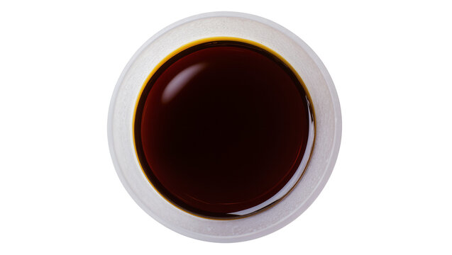 Isolated top view of a dark coffee beverage in a clean white cup, minimalist style
