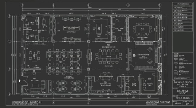 Detailed office floor plan blueprint with furniture arrangement and room labels