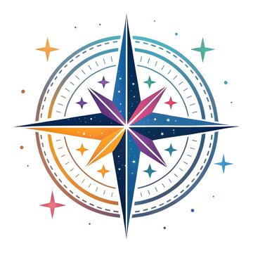 Compass rose star icon with colorful rays and decorative sparkles navigation direction orientation adventure nautical