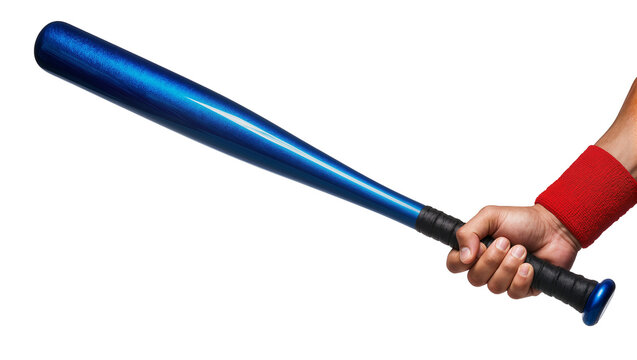 Isolated shiny metallic blue baseball bat held by a hand with a red athletic wristband