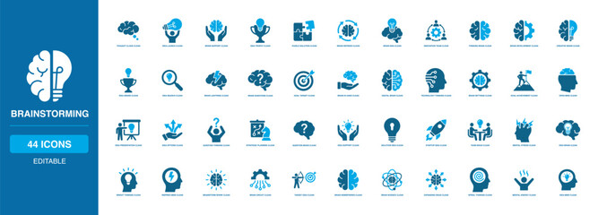 Brainstorming Solid Icon Set with creative brain, idea launch, puzzle solution, innovation team, strategic planning, open mind, mental energy, target goals and brainstorm spark © Vector IMG