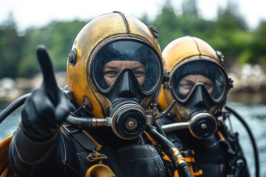 Two hard-hat divers in vintage brass helmets and heavy suits giving thumbs up by the water, confident and celebratory mood